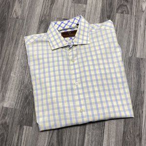 JAMES TATTERSALL Button Down Blue & Yellow Check Dress Shirt Men's Size Large